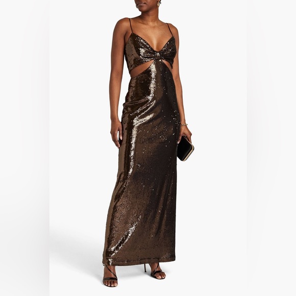 Halston Chloe Cutout Sequined Tulle Gown, Brown Size 4 New w/Tag Retail $595 - Picture 4 of 16